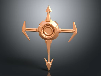 Golden 3D Model With Arrow Shaped Structures And Central Circular Design 3d model
