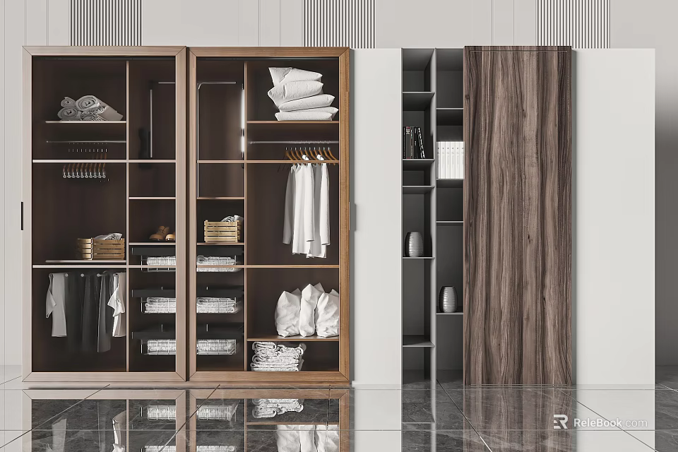 Modern Wooden Wardrobe Interior Design With Layered Storage Hanging Rails And Folded Clothes 3d model 