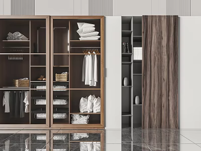 Modern Wooden Wardrobe Interior Design With Layered Storage Hanging Rails And Folded Clothes 3d model