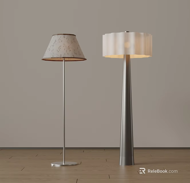 Two Modern Floor Lamps With Patterned And Pleated Lampshades And Metal Stands 3d model 