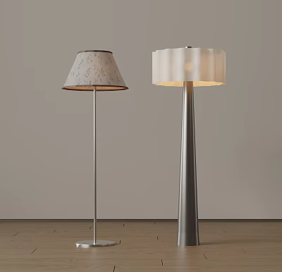 Two Modern Floor Lamps With Patterned And Pleated Lampshades And Metal Stands 3d model