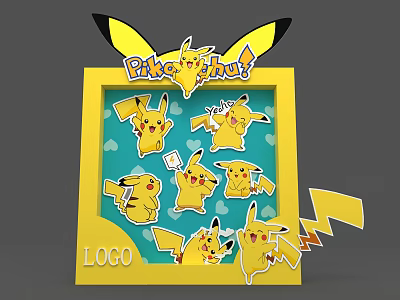 Pikachu Themed Stickers With Yellow Frame And Blue Heart Background Design 3d model