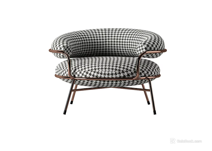 Stylish Single Seater Sofa With Houndstooth Pattern Upholstery And Metal Frame Design 3d model 