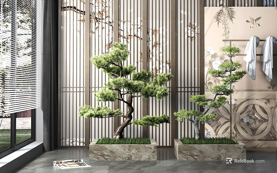 Indoor Pine Bonsai Plants In Square Pots With Vertical Striped Screen And Modern Decorative Painting 3d model 