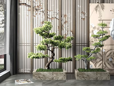 Indoor Pine Bonsai Plants In Square Pots With Vertical Striped Screen And Modern Decorative Painting 3d model