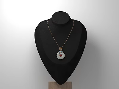 Elegant White Circular Pendant With Red Center On Metallic Chain Displayed On Black Mannequin 3d model
