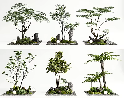 Various Plant Combinations With Trees Green Plants Stones Decorative Lights For Landscape Design 3d model
