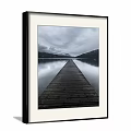 Serene Landscape Painting With Wooden Dock Calm Lake Mountains And Cloudy Sky