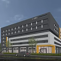 Modern Multi Storey Office Building With Glass Windows Gray White Facade And Urban Trees