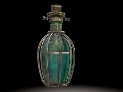 Vintage Decorative Ornament With Glass Bottle And Metal Cage Frame In Elegant Teal Green Design 3d model