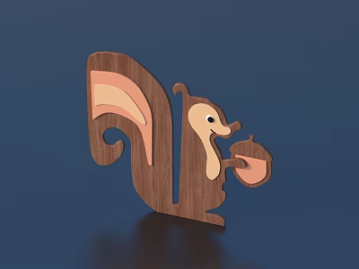Wooden Squirrel Figurine With Big Tail Holding Nut And Natural Wood Grain Design 3d model