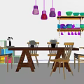 Natural Wooden Dining Table and Chairs Set with Colorful Cabinets and Hanging Pendant Lights