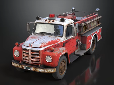 Vintage Red And White Fire Truck With Rusty Body And Siren Lights 3d model