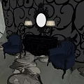 Elegant Black Console Table With Round Mirror Table Lamps Flanking Blue Armchairs By Ornate Walls