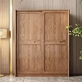 Natural Wood Sliding Door Wardrobe Interior With Floor Lamp Green Plant And Wooden Walls