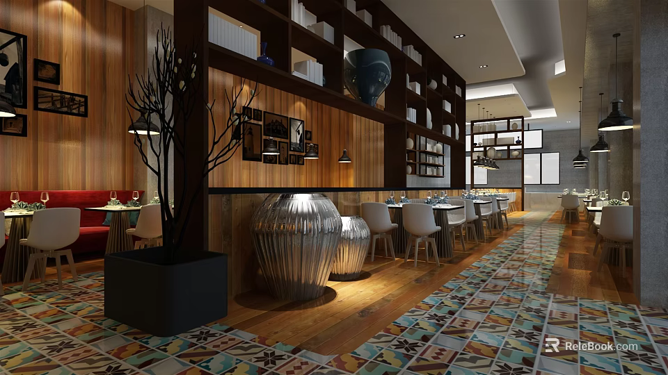 Modern Restaurant Interior With Wooden Walls Shelves Decorative Vases And Colorful Tiled Floor 3d model 