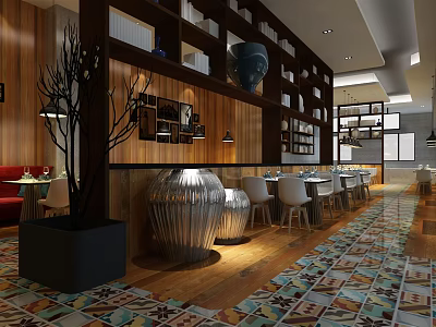 Modern Restaurant Interior With Wooden Walls Shelves Decorative Vases And Colorful Tiled Floor 3d model