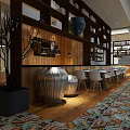 Modern Restaurant Interior With Wooden Walls Shelves Decorative Vases And Colorful Tiled Floor