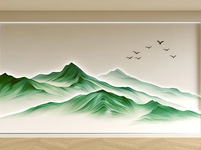 Interior Background Wall Decor With Green Mountain Patterns And Flying Birds 3d model