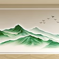 Interior Background Wall Decor With Green Mountain Patterns And Flying Birds