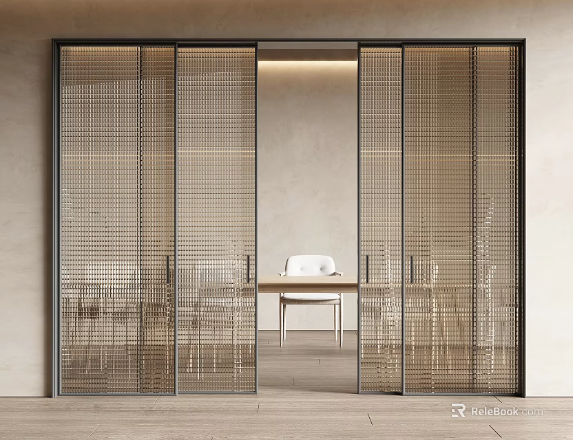 Modern Sliding Doors Design With Metal Frame Grid Panels In Bright Interior Dining Space 3d model 