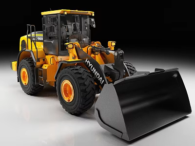Yellow And Black Hyundai Wheel Loader With Large Bucket Heavy Tires And Orange Rims 3d model