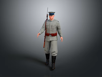 Military Game Movie Character Wearing Gray Uniform With Red Belt And Rifle 3d model