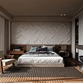 Modern Bedroom Interior With Textured Wall Bed Nightstand And Accent Chair