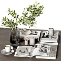 Modern Decorative Ornament Combination with Green Plant Vase Open Books Candle Coffee Cup and Tray