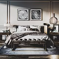 Elegant Modern Double Bed With Decorative Paintings Nightstands Table Lamps Rug And Bench