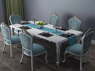 Elegant White Dining Table Set With Six Blue Carved Chairs And Green Flower Bouquet 3d model