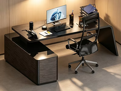 Modern Office Desk with Computer Monitor Keyboard Mouse Phone Pen File Organizers and Black Chair 3d model