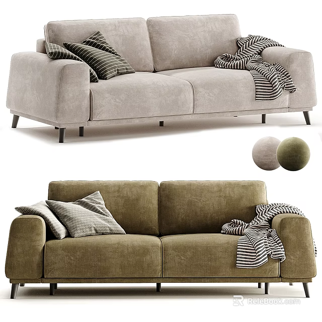 Cozy Upholstered Two Seater Sofa With Soft Pillows And Striped Throw Blanket 3d model 