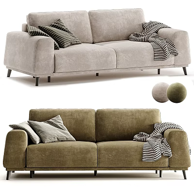 Cozy Upholstered Two Seater Sofa With Soft Pillows And Striped Throw Blanket 3d model