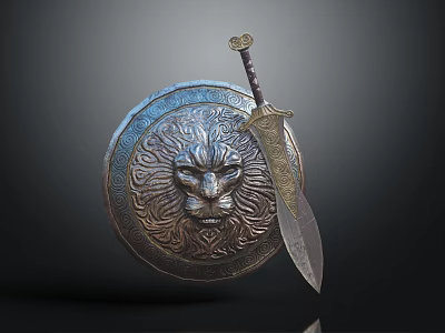 Vintage Round Metal Shield With Lion Head Relief And Decorative Sword 3d model