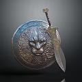 Vintage Round Metal Shield With Lion Head Relief And Decorative Sword