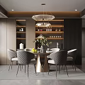 Modern Dining Room With Chandelier Dining Table Chairs Shelves Plant And Window Rug