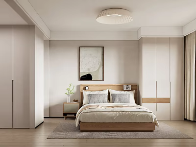 Modern Bedroom Interior Design With Wooden Bed Wardrobe Wall Art And Rug 3d model