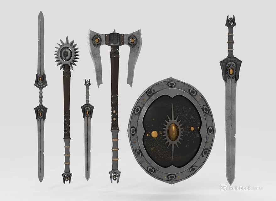 Medieval Weapons Collection With Swords Axe Shield Dagger And Sun Emblem Designs 3d model