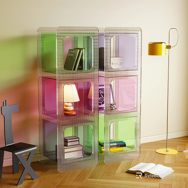 Transparent Colorful Shelving Unit With Books Table Lamp And Decorative Items In Modern Room 3d model 