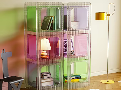 Transparent Colorful Shelving Unit With Books Table Lamp And Decorative Items In Modern Room 3d model