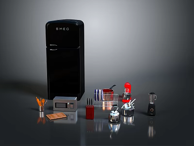 Black Smeg Refrigerator With Kitchen Appliances Red Blender Coffee Maker Knives And Spice Bottles 3d model
