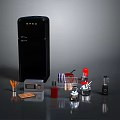 Black Smeg Refrigerator With Kitchen Appliances Red Blender Coffee Maker Knives And Spice Bottles