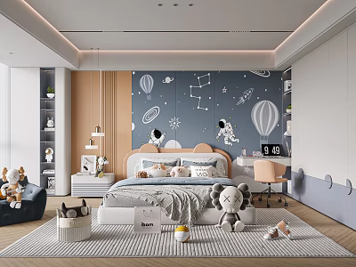Starry Sky Kids Room Interior Design With Astronaut Hot Air Balloon Bed And Desk 3d model