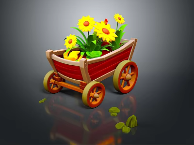 Yellow Sunflowers in Red Wooden Cart with Green Leaves Orange Wheels and Scattered Leaves Reflection 3d model