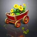 Yellow Sunflowers in Red Wooden Cart with Green Leaves Orange Wheels and Scattered Leaves Reflection