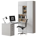 Modern Office Desk With Computer Monitor Desk Lamp Keyboard Mouse And Bookshelf Cabinet