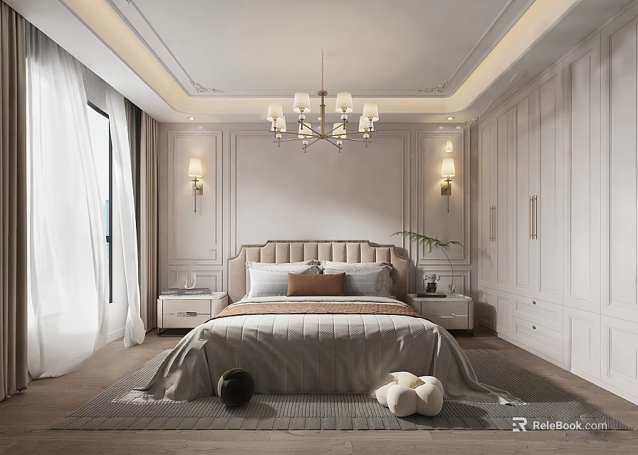 Elegant Modern Bedroom With Chandelier Upholstered Headboard And Floor to Ceiling Windows 3d model 
