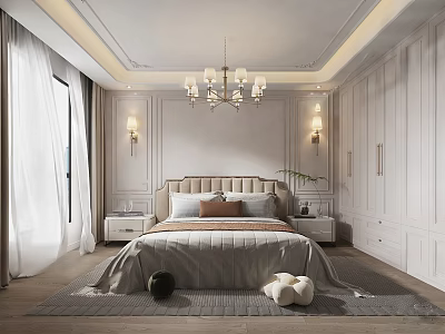 Elegant Modern Bedroom With Chandelier Upholstered Headboard And Floor to Ceiling Windows 3d model