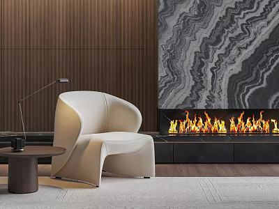 Accent Chair Next To Modern Fireplace With Flames Wooden Wall Side Table And Floor Lamp 3d model